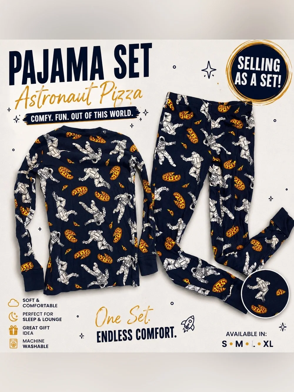 Kids landsend Blue Astronaut & Pizza Print Pajama Set